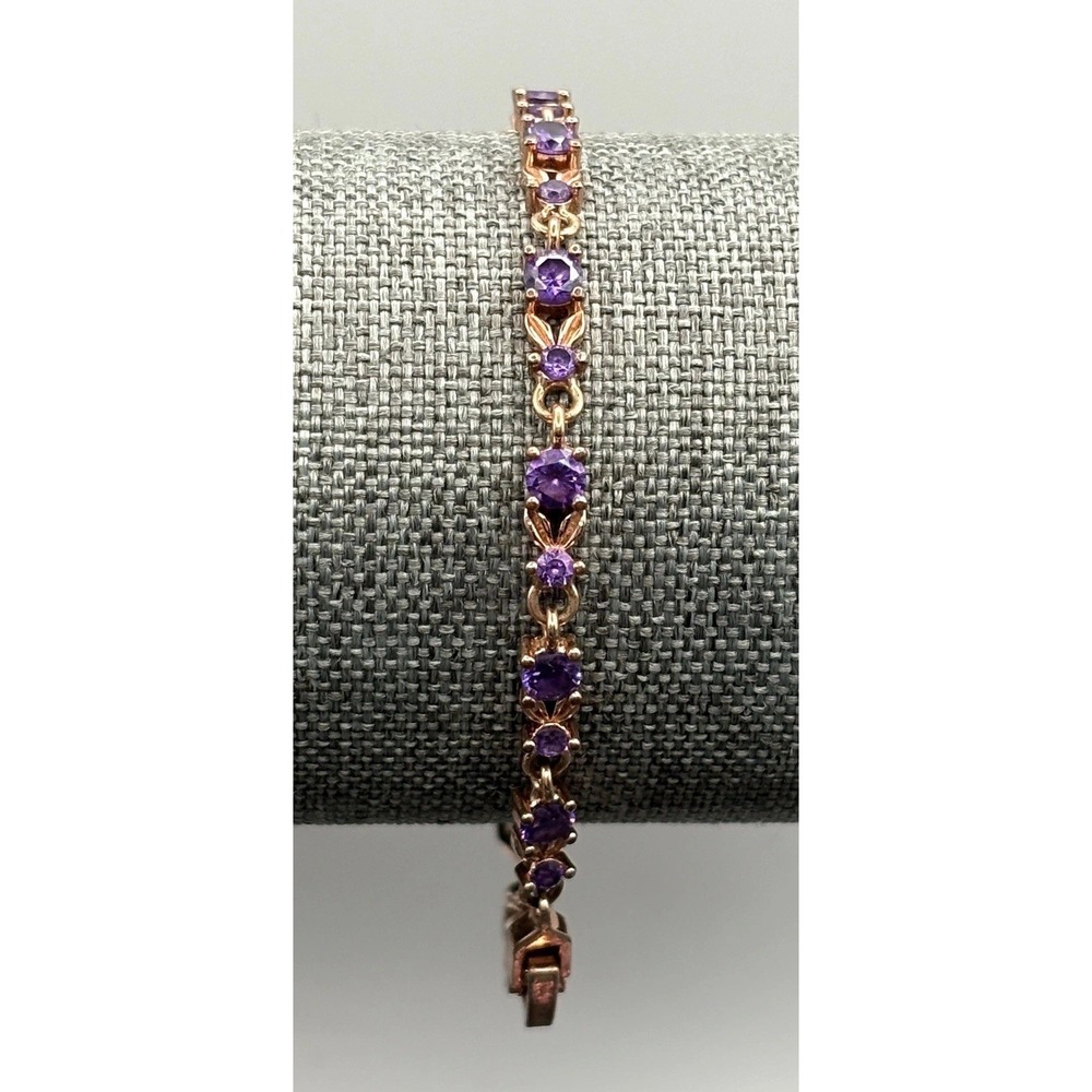 Lab Amethyst Purple Flower Tennis Bracelet Rose Gold Tone